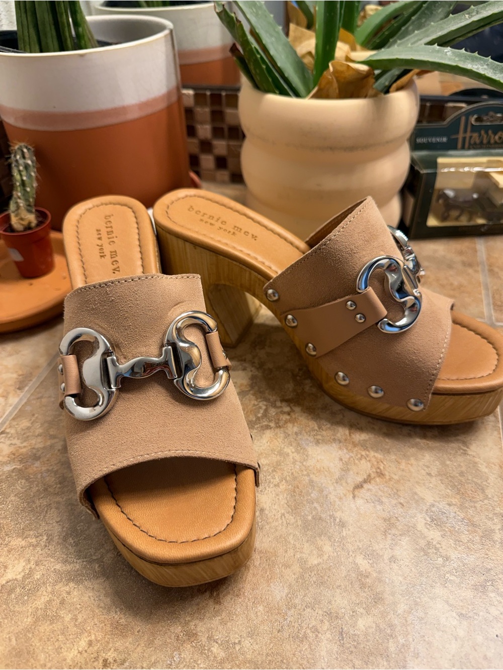 bernie mev. Italian Tan Suede Platform wooden Clog Slides with Silver Hardware